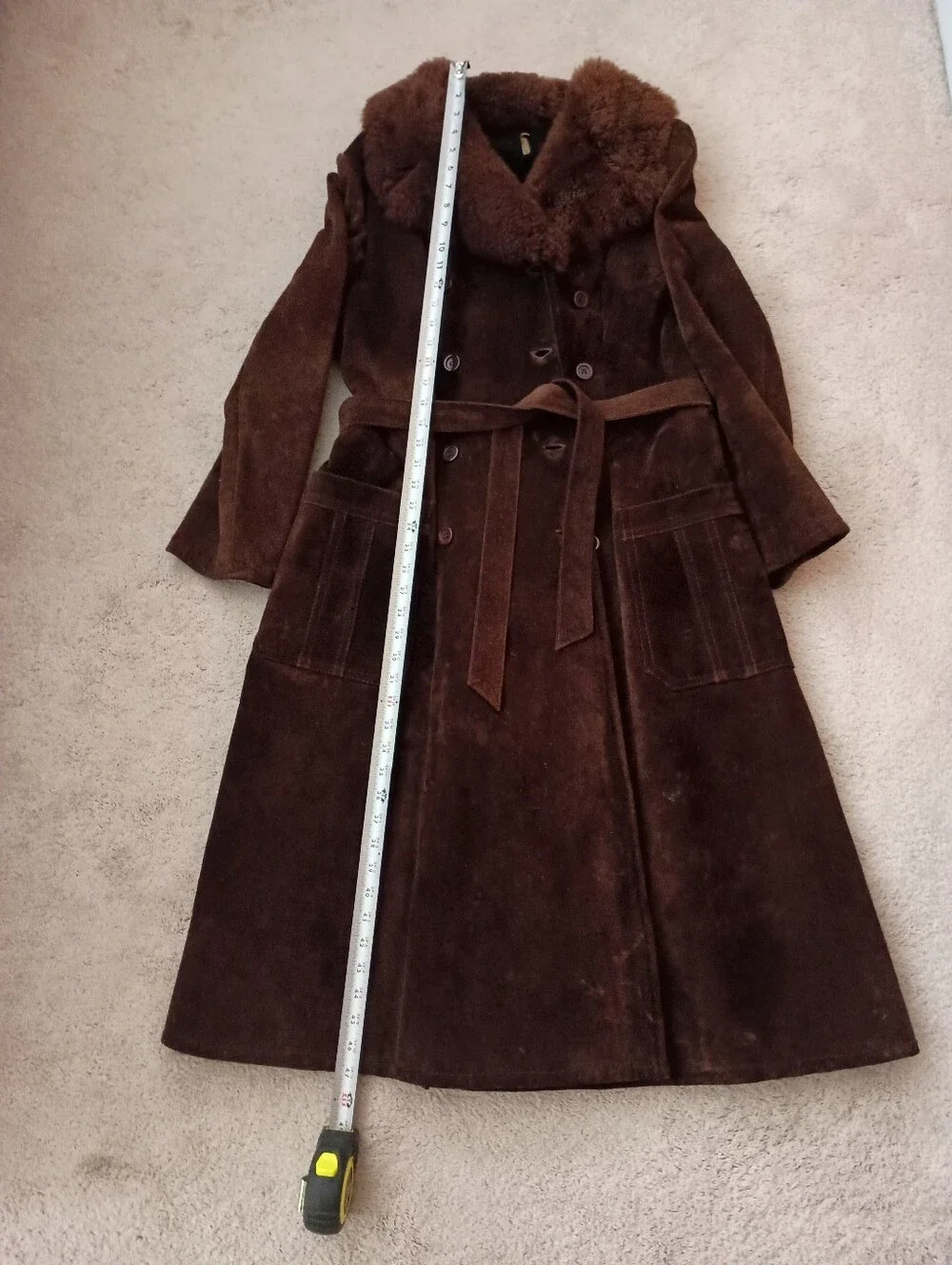 Women's Brown Suede Long Coat with Faux Fur Collar